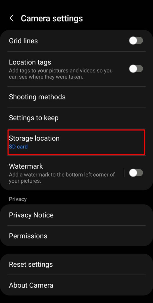 Set Default Camera Storage to the SD Card